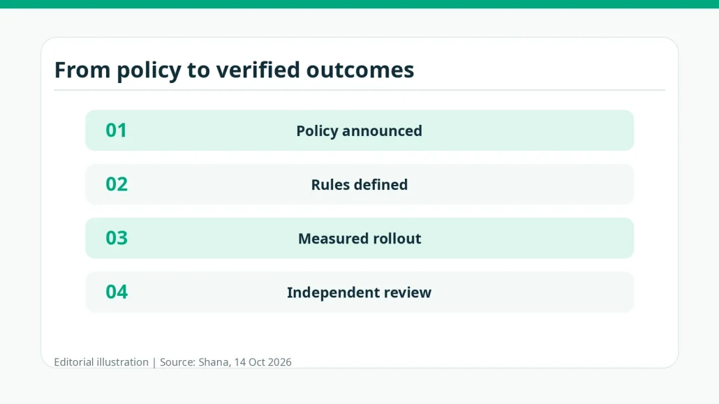 Stages from policy announcement to verified results
